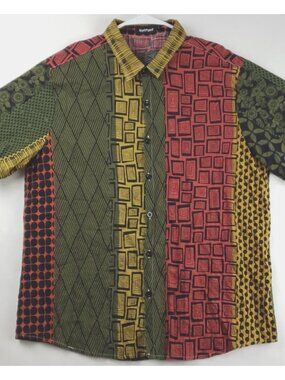 VatPave Shirt Mens Large Yellow Green Red Short Sleeve Cotton Regular Fit